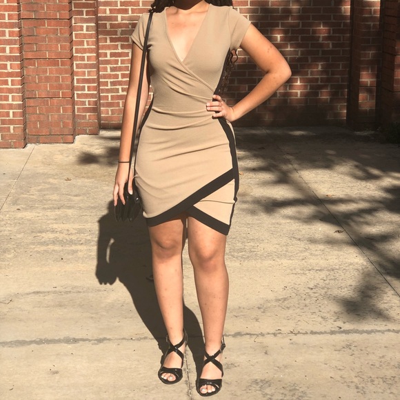 Dresses & Skirts - Tan/Black fitted deep V Neck dress